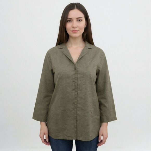 Max Studio Shirt Size M 100% Linen Olive Green Button Front 3/4 Sleeve - Picture 13 of 13